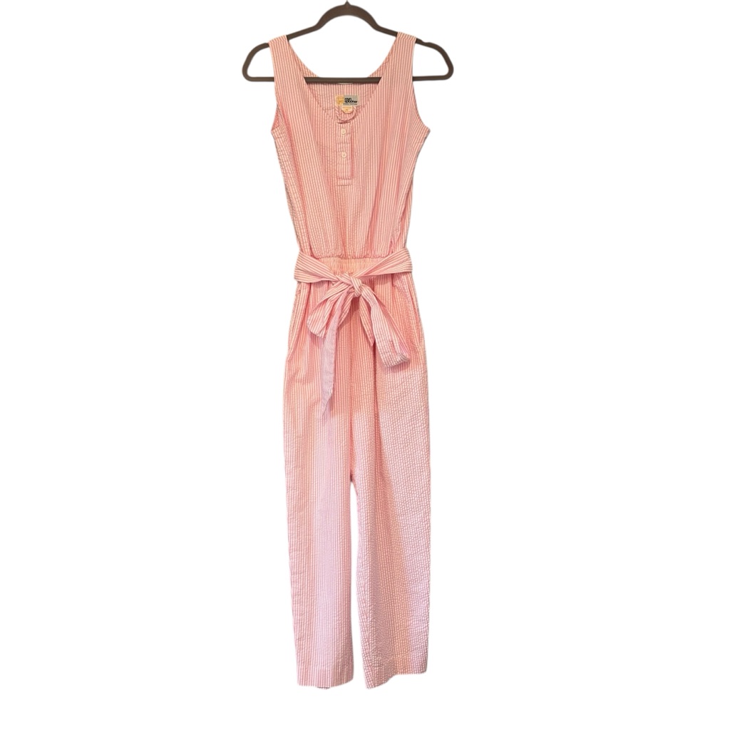 Vtg Reyn Spooner Cotton Seersucker Pink/White Sleeveless Belted Jumpsuit Sz S